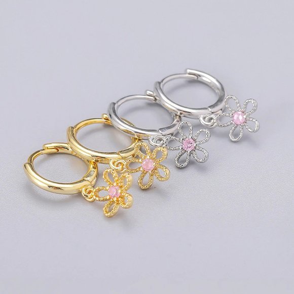NEW Silver Gold Simple Sweet Flower Hoop Earring - Picture 2 of 6